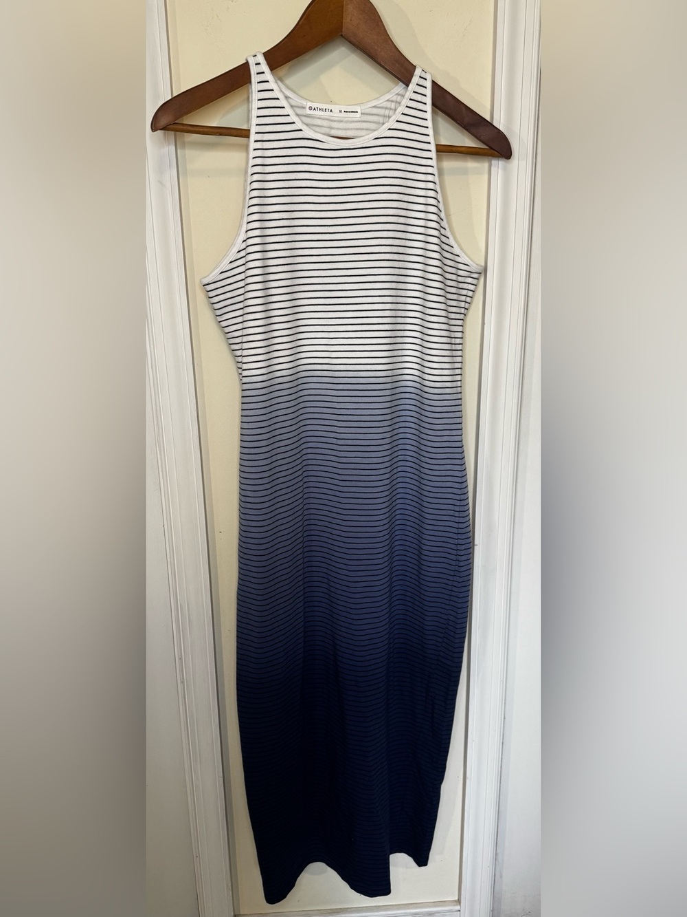 Athleta Sleeveless Ombre Stripe Maxi Dress - White & Navy